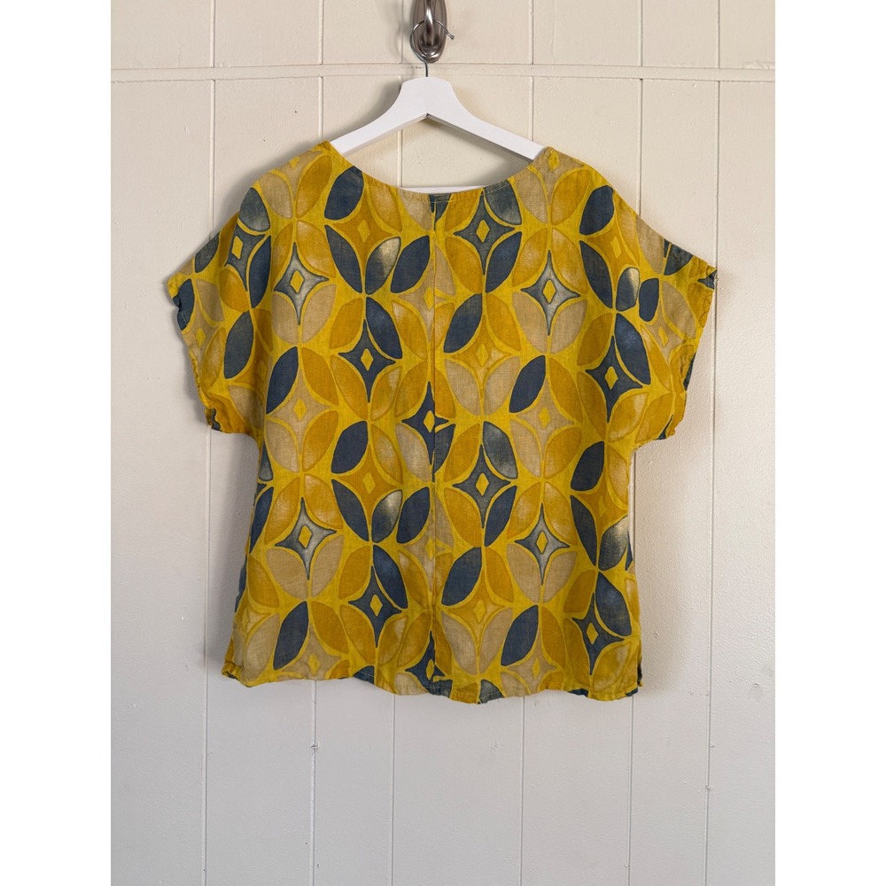 Pure Linen Made in Italy Yellow Blue Geometric Short Sleeve Blouse Size XL - Picture 2 of 6